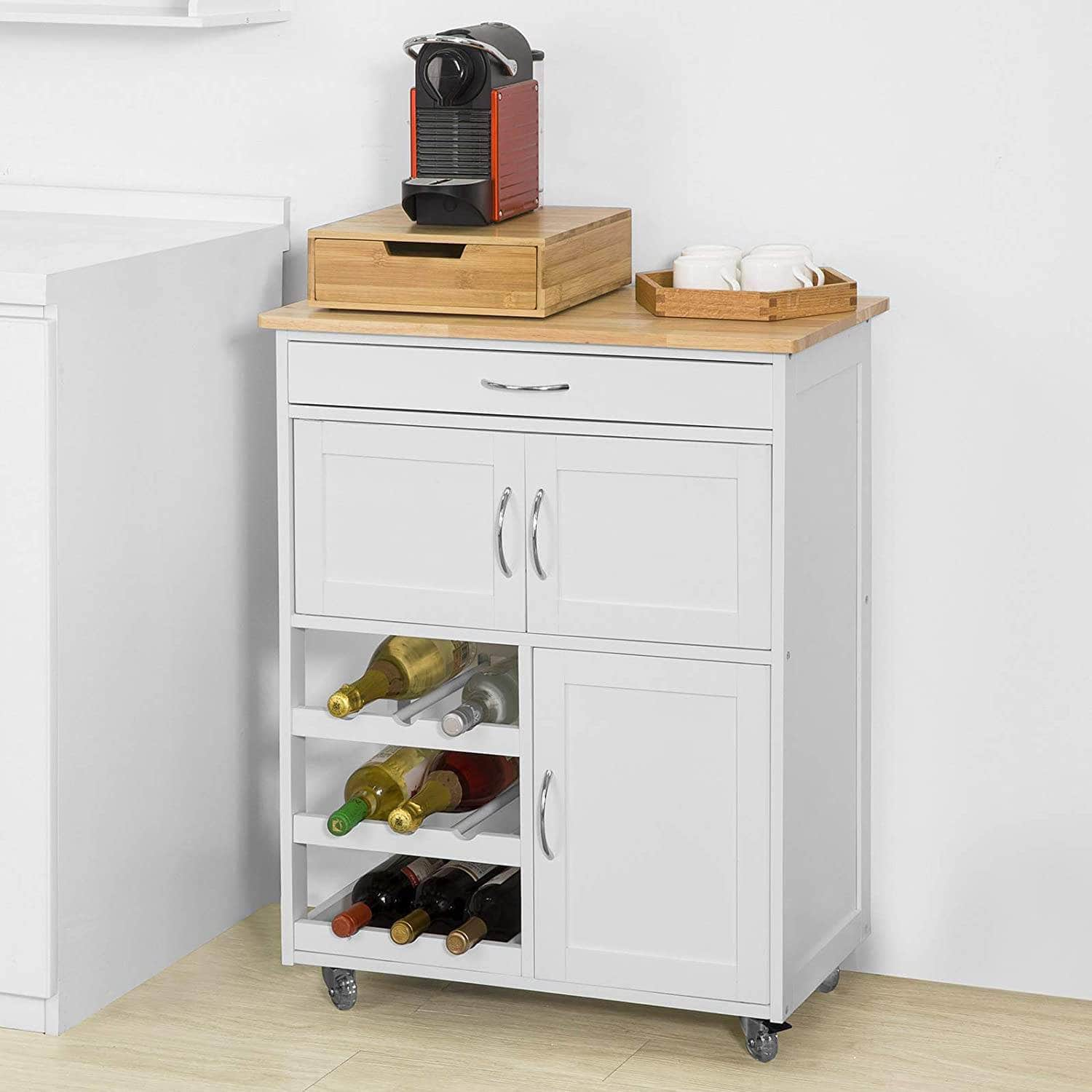 Kitchen Trolley With Wine Racks, Portable Workbench And Serving Cart