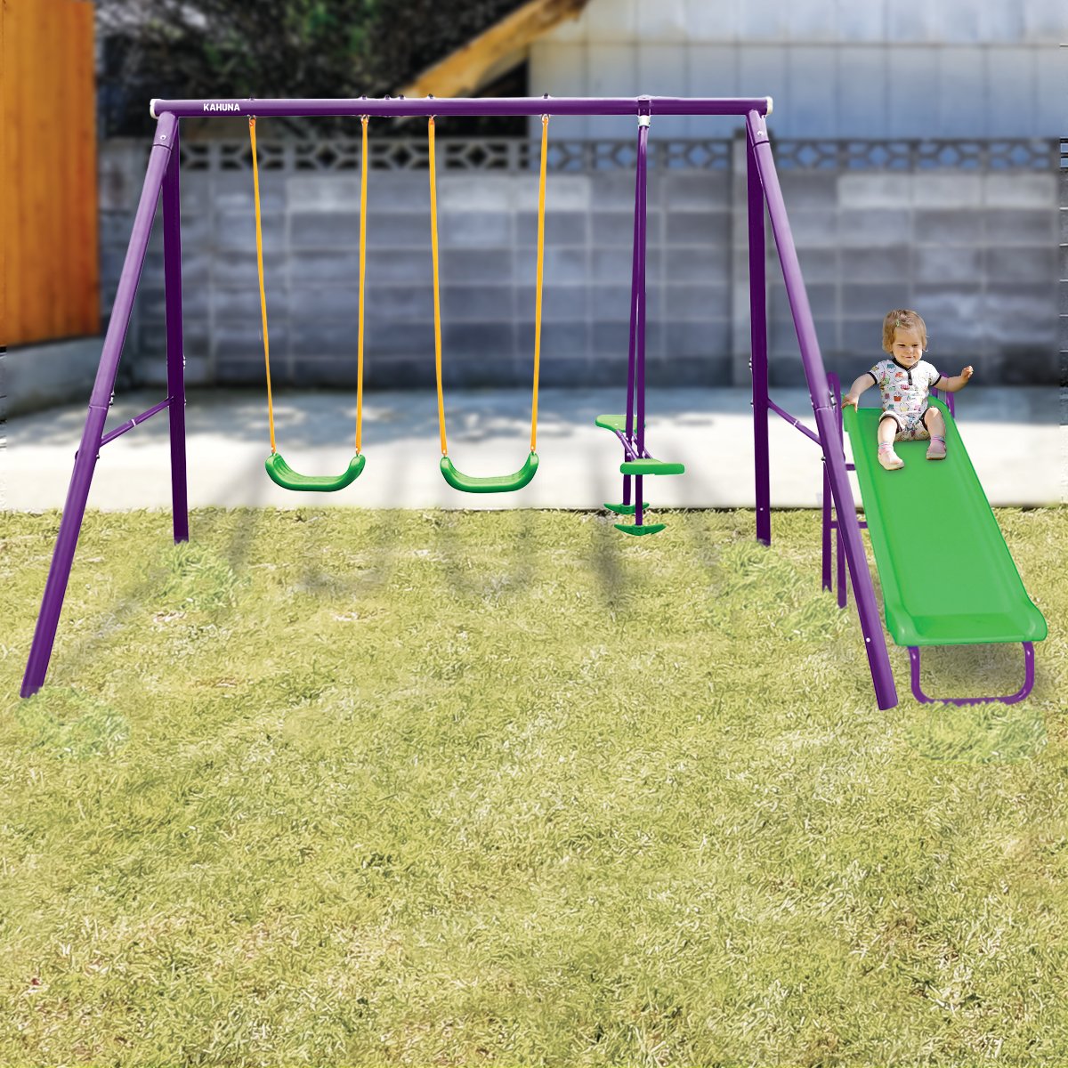 Kids 4-Seater Swing Set with Slide Purple Green