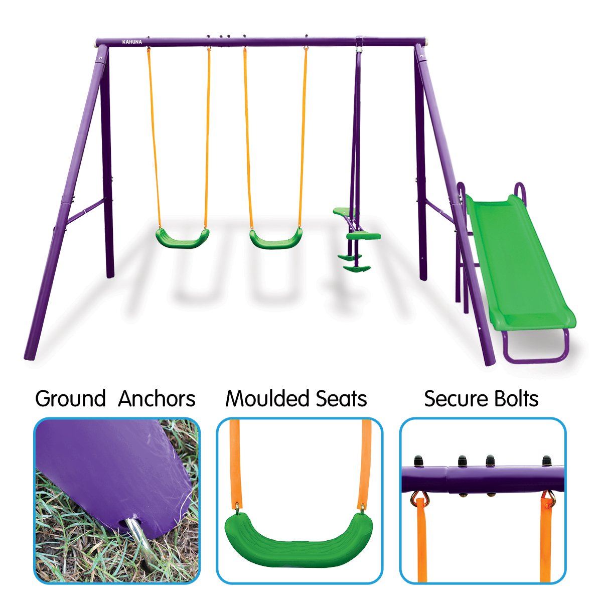 Kids 4-Seater Swing Set with Slide Purple Green