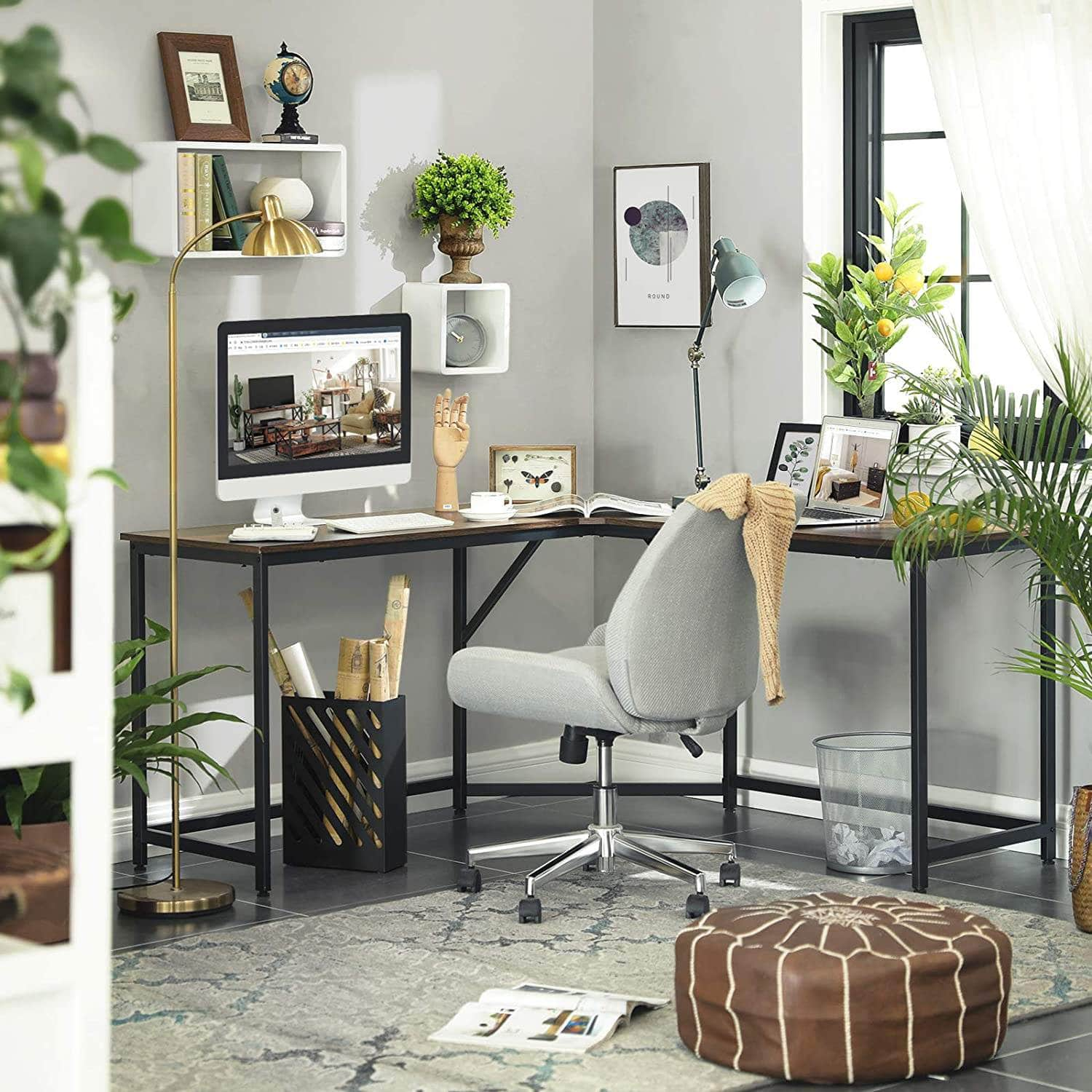 L-Shaped Computer Desk, Rustic Brown And Black