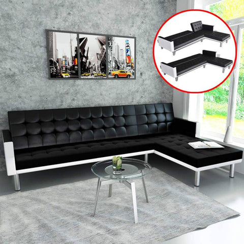 L-shaped Sofa Bed Leather Black