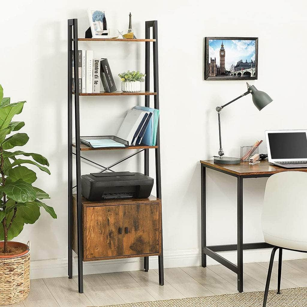 Ladder Bookshelf With Cupboard Rustic Brown