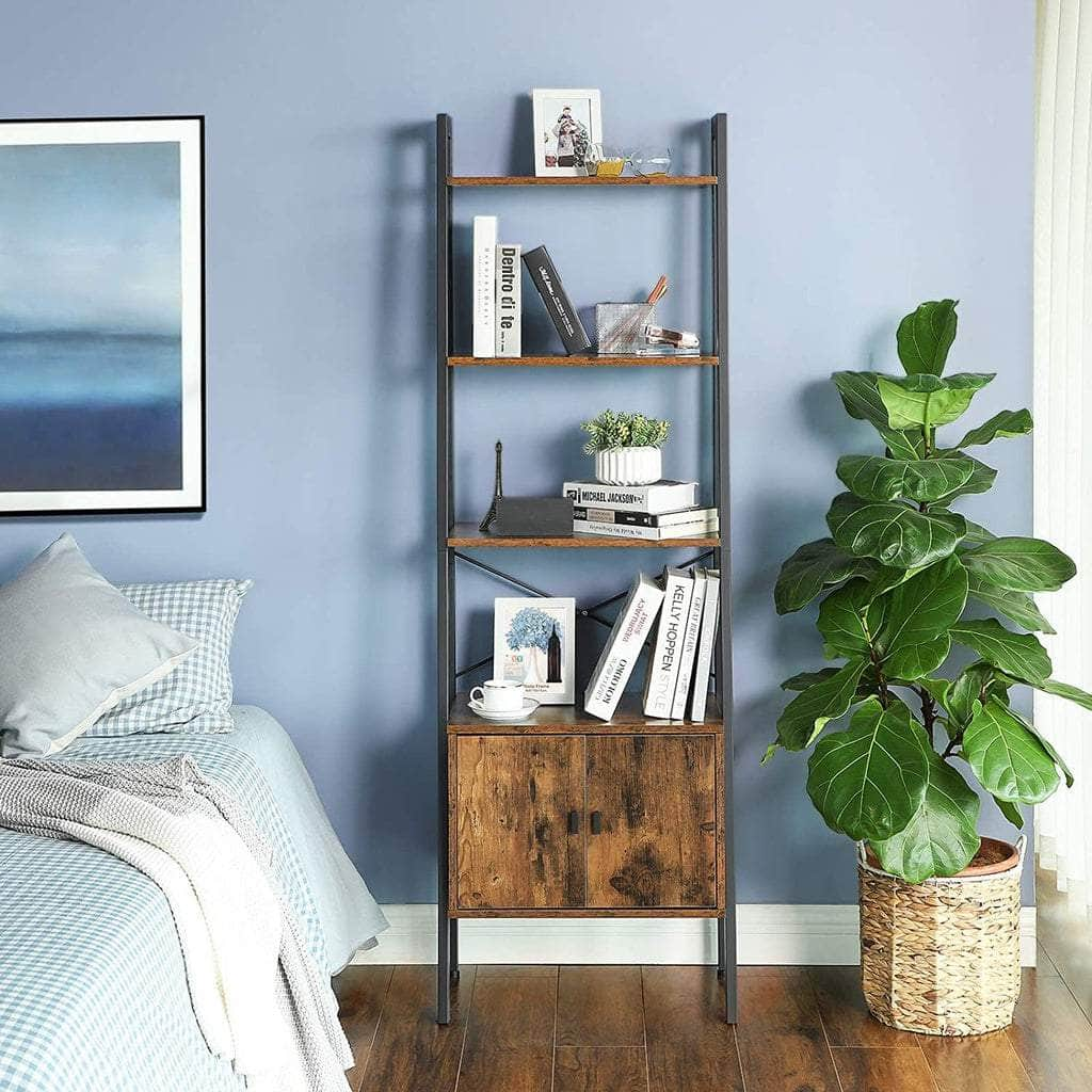 Ladder Bookshelf With Cupboard Rustic Brown