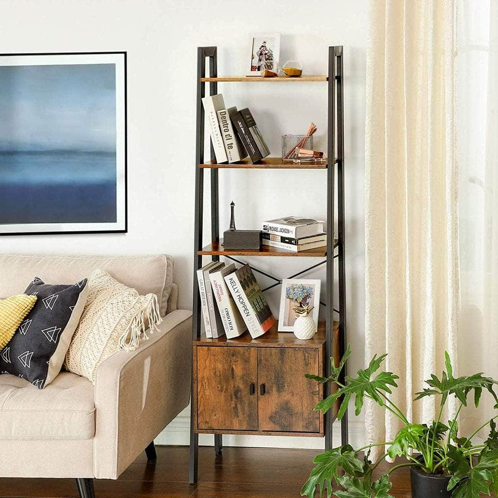 Ladder Bookshelf With Cupboard Rustic Brown