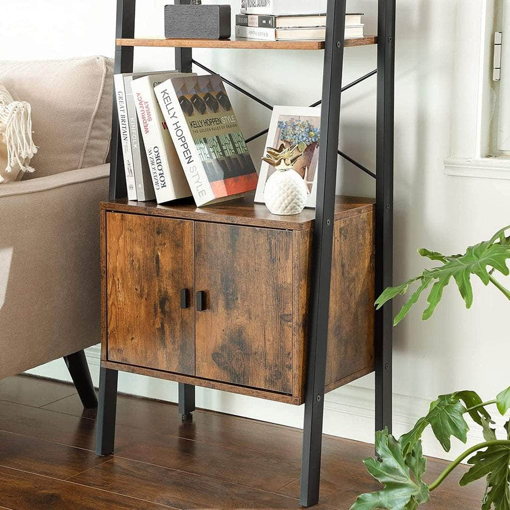 Ladder Bookshelf With Cupboard Rustic Brown