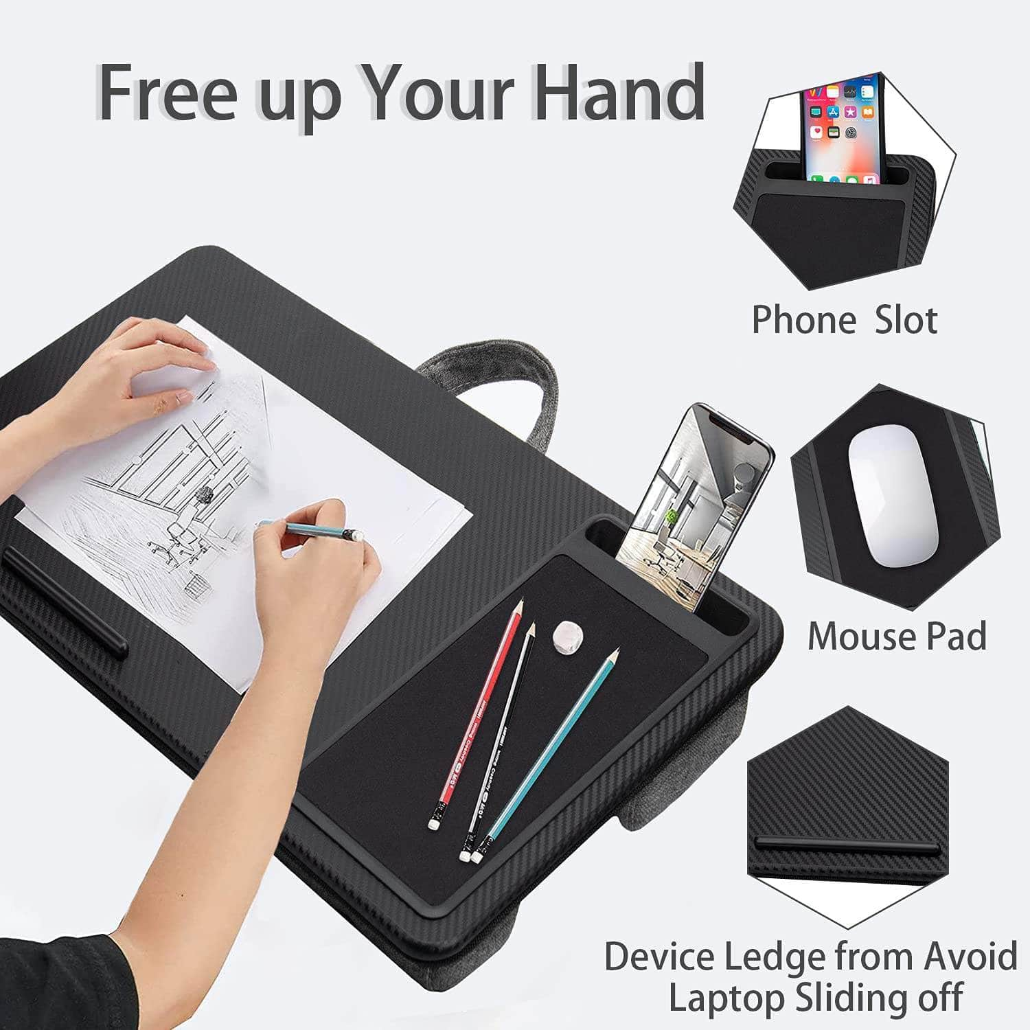 Laptop Desk With Device Ledge, Mouse Pad And Phone Holder (Black, 40Cm)