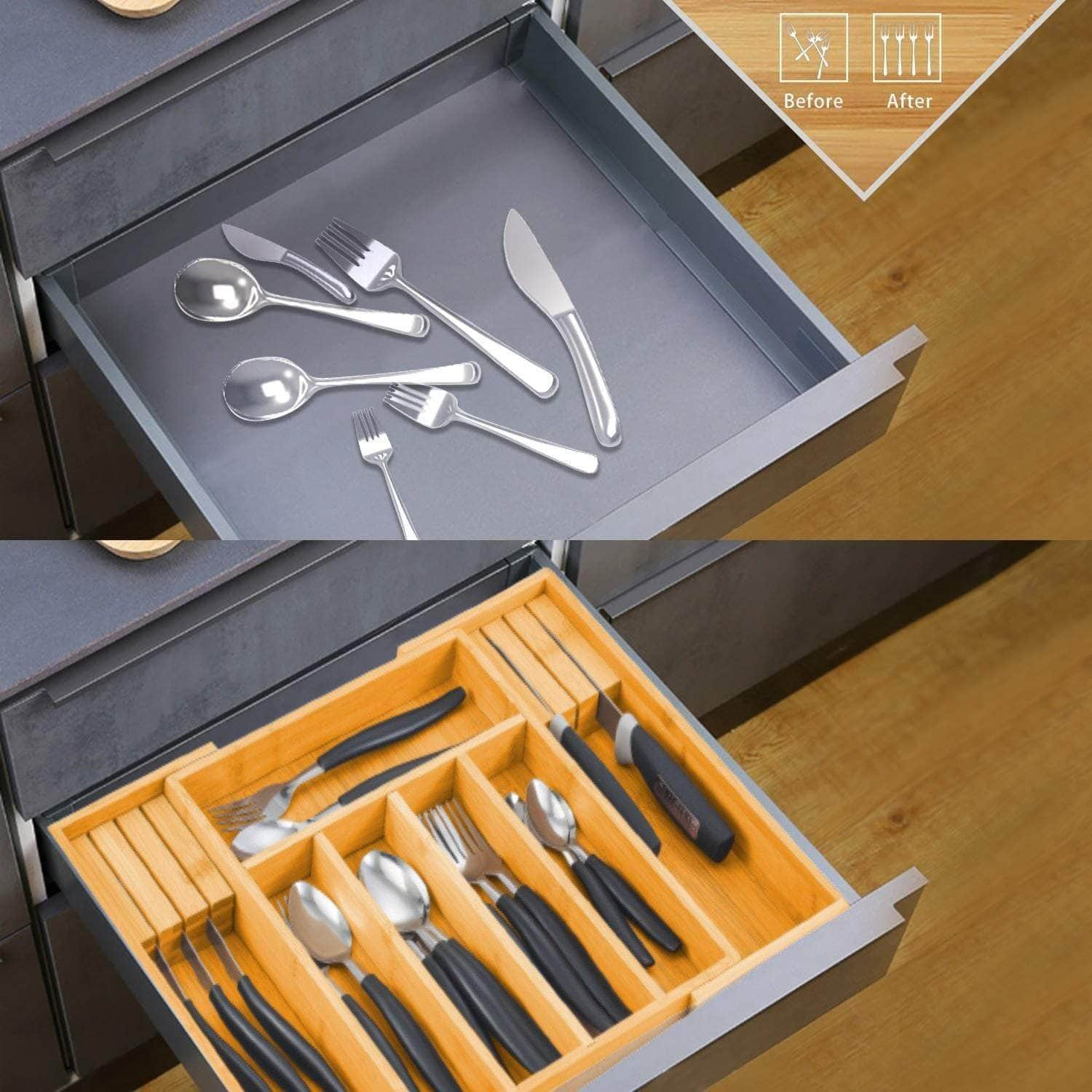 Large Capacity Bamboo Expandable Drawer Organizer with Knife Block Holder