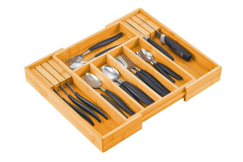 Large Capacity Bamboo Expandable Drawer Organizer with Knife Block Holder