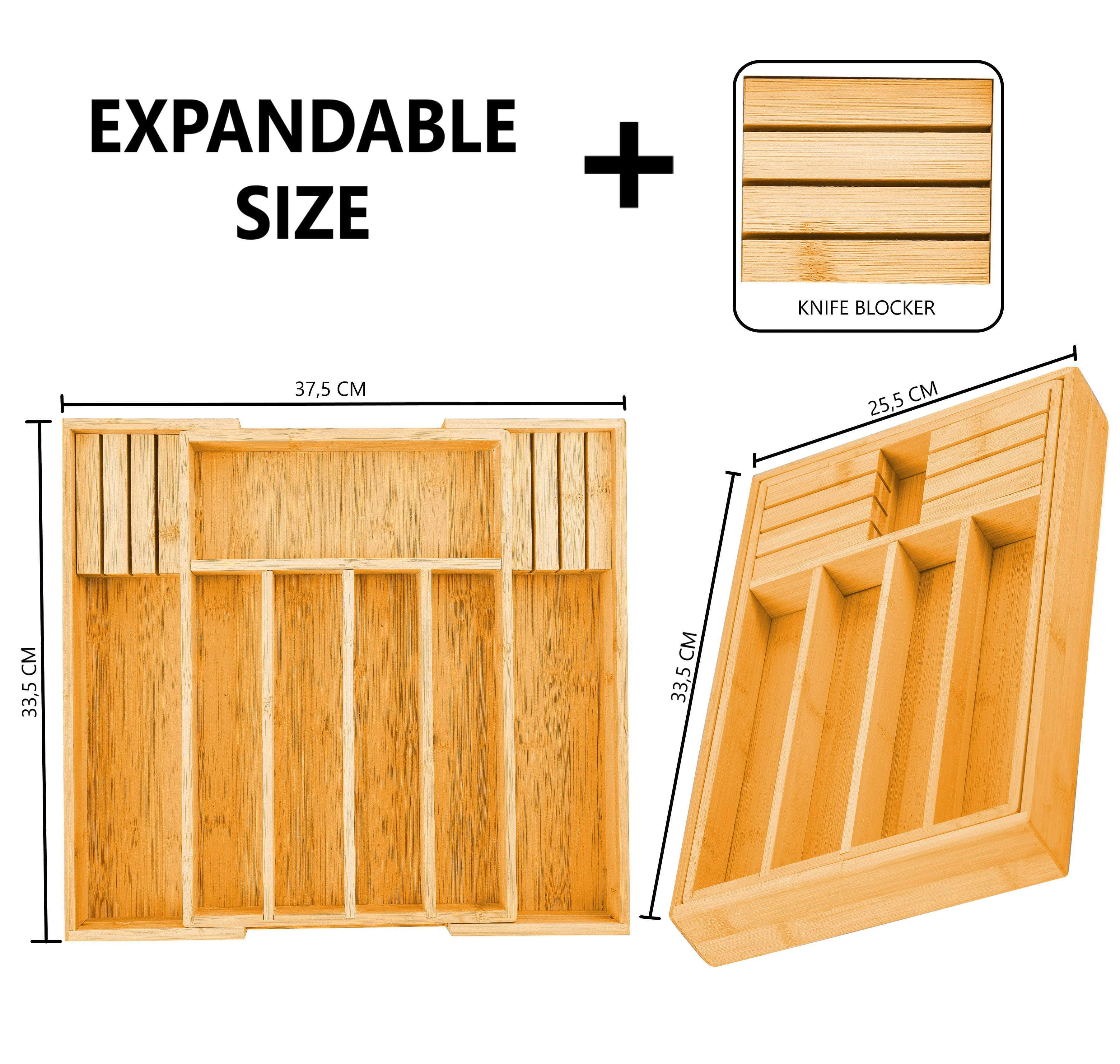 Large Capacity Bamboo Expandable Drawer Organizer with Knife Block Holder