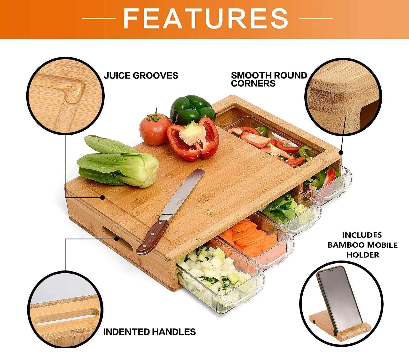 Large Cutting Board and 4 Containers with Mobile Holder gift included