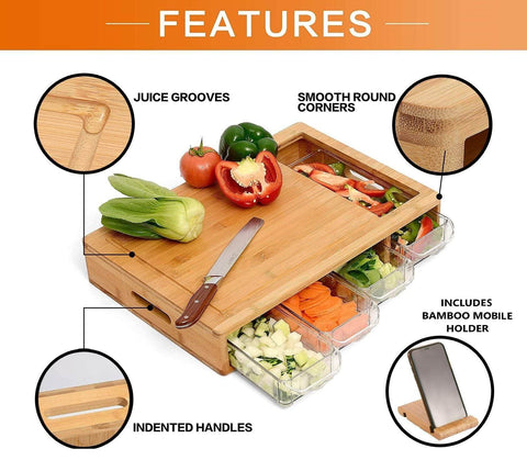 Large Bamboo Cutting Board With 4 Containers And Mobile Holder