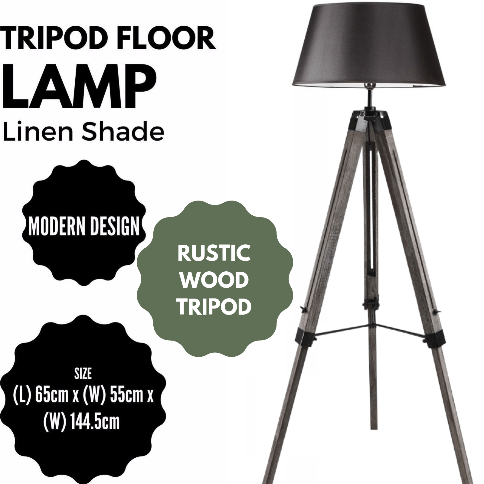 Large Tripod Floor Lamp - Linen Shade/ Retro Vintage