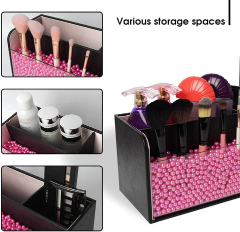 Leather Makeup Brush Organizer With Acrylic Cover And Pink Pearls (Black)