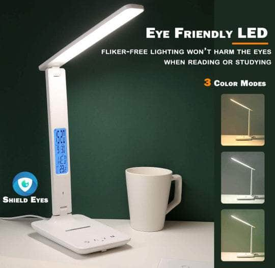 Led Desk Lamp With Fast Wireless Charger Clock Alarm Date Temperature