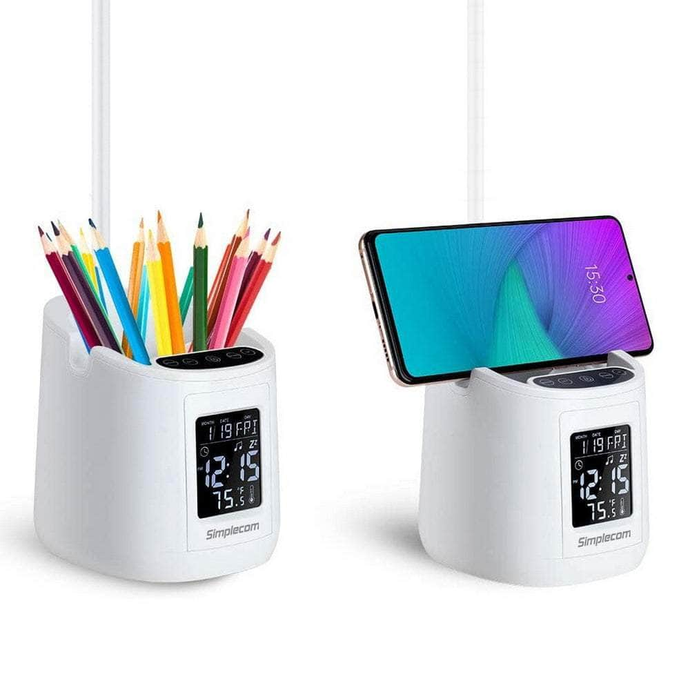 Led Desk Lamp With Pen Holder And Digital Clock Rechargeable