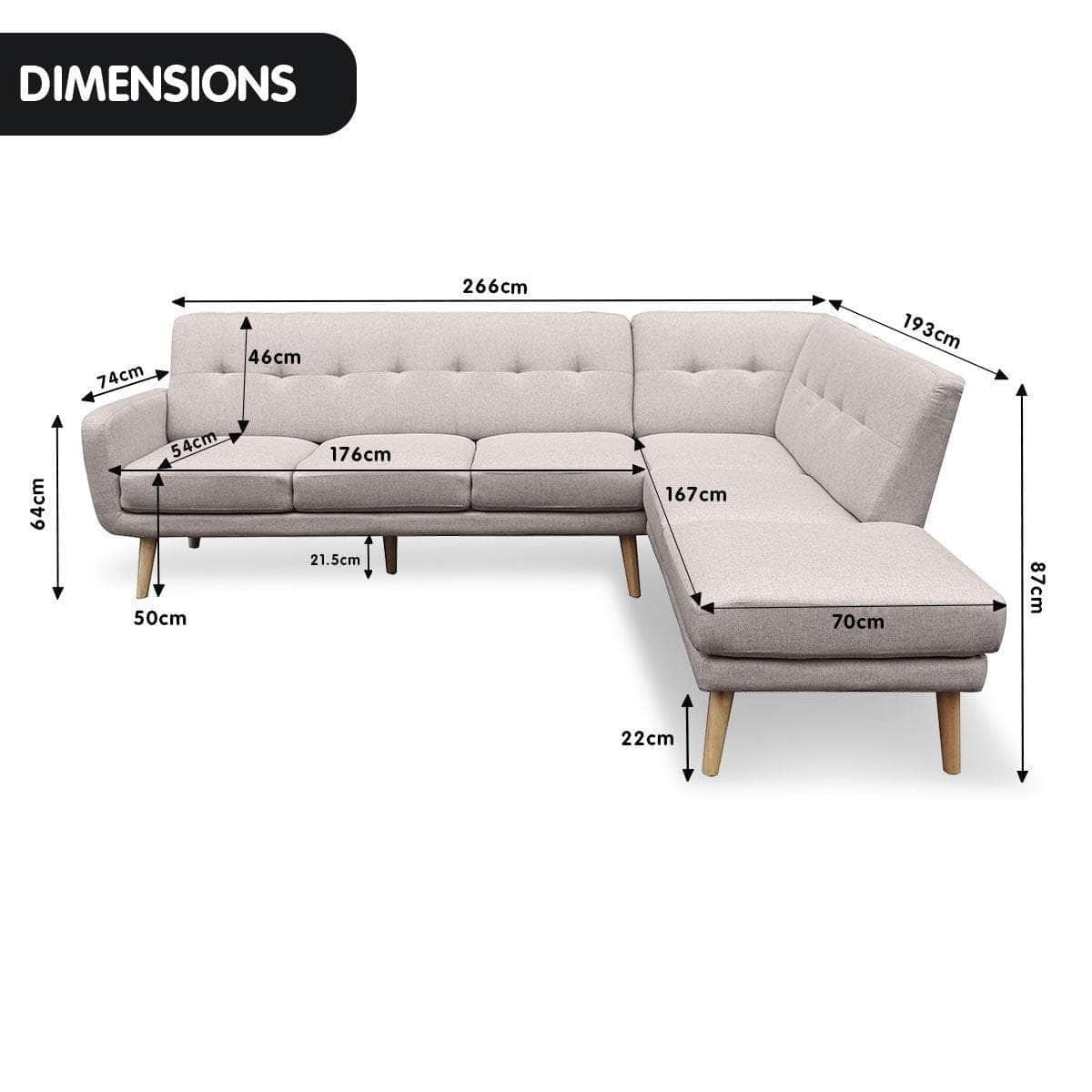 Linen Corner Wooden Sofa Lounge L-shaped with Left Chaise Light Grey