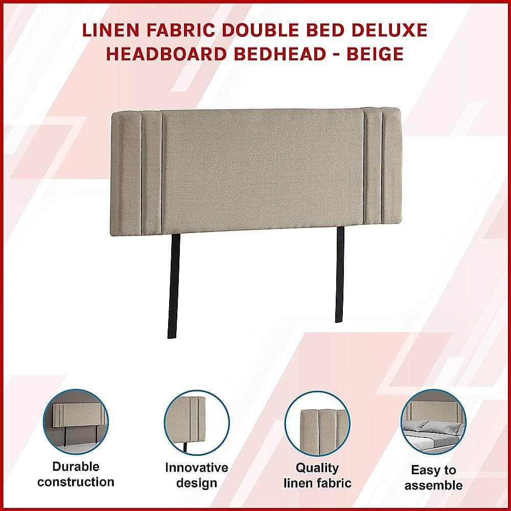 Linen Fabric Double Bed Deluxe Headboard Bedhead - beige