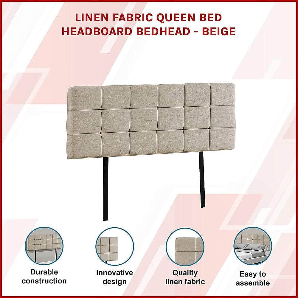 Linen Fabric Queen Bed Deluxe Headboard Bedhead - Beige