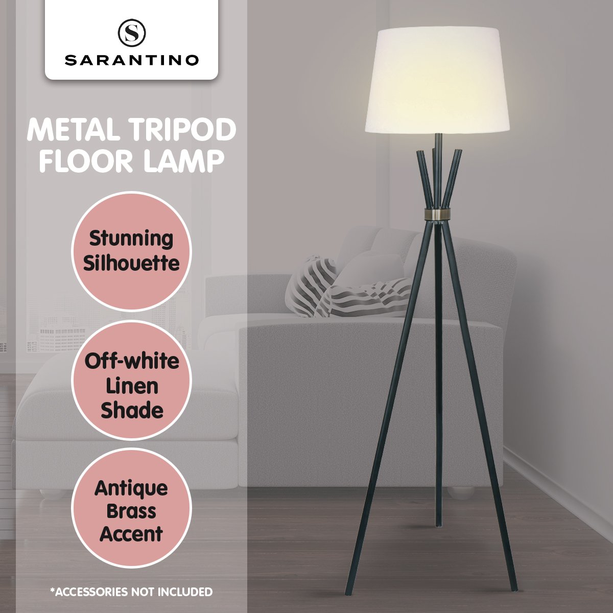 Tripod Floor Lamp in Metal and Antique Brass