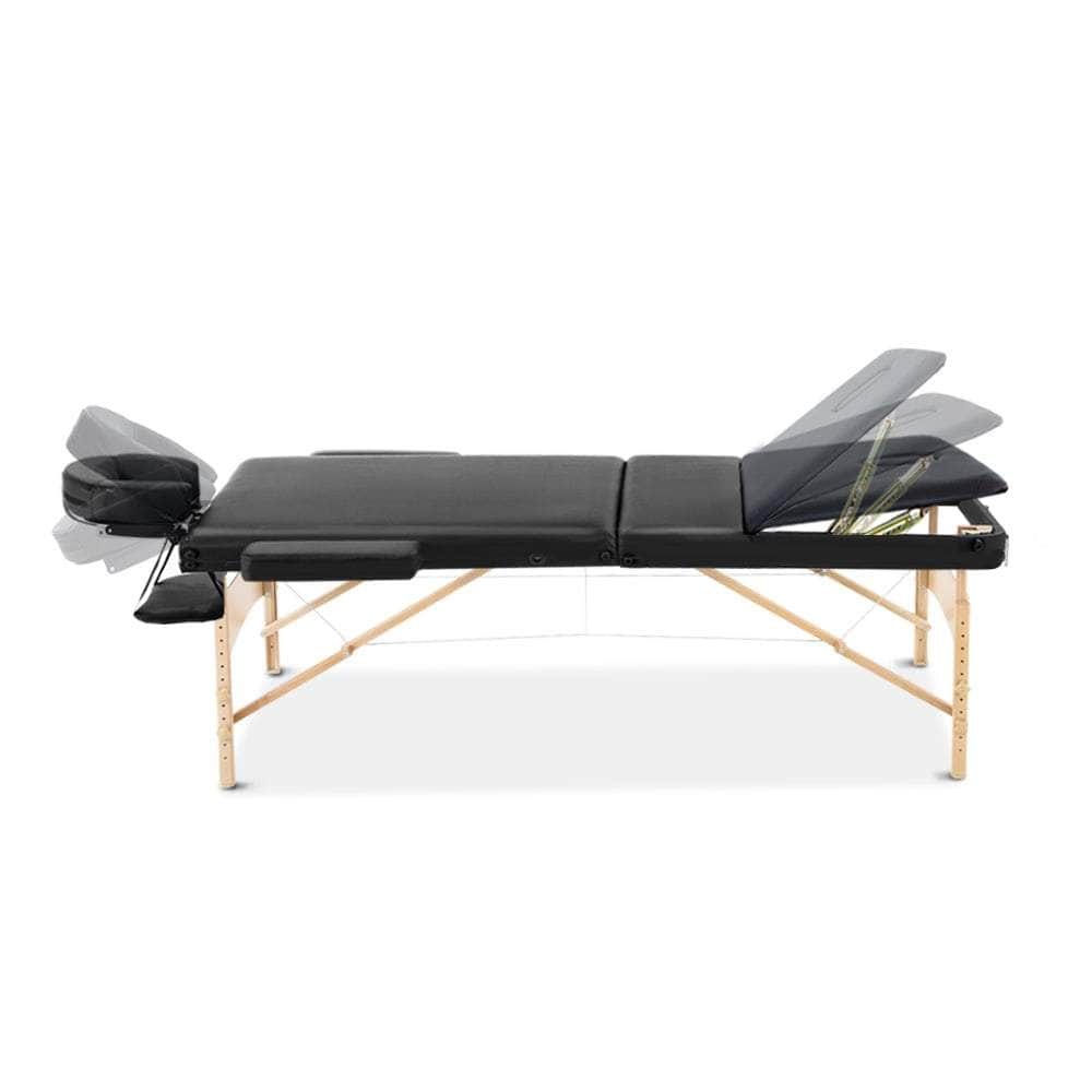 Massage Table 60Cm Portable 3 Fold Wooden Beauty Bed Black