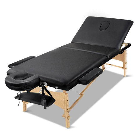 Massage Table 60Cm Portable 3 Fold Wooden Beauty Bed Black