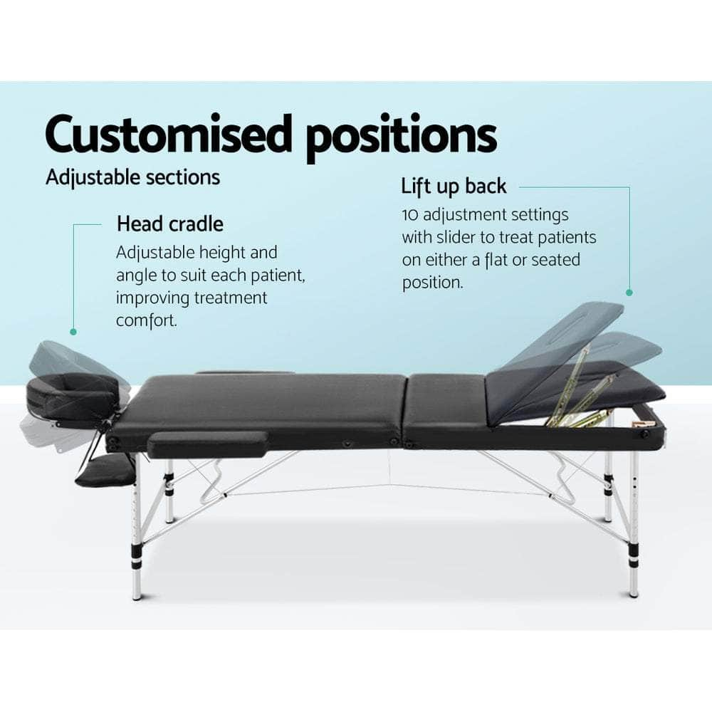 Massage Table 70Cm Portable 3 Fold Aluminium Beauty Bed Black