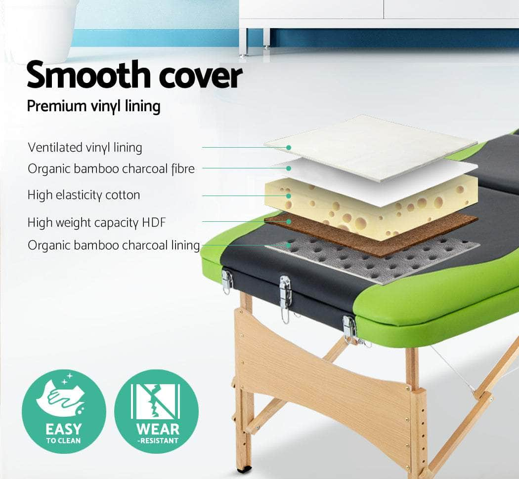 Massage Table 70Cm Portable 3 Fold Wooden Beauty Bed Green