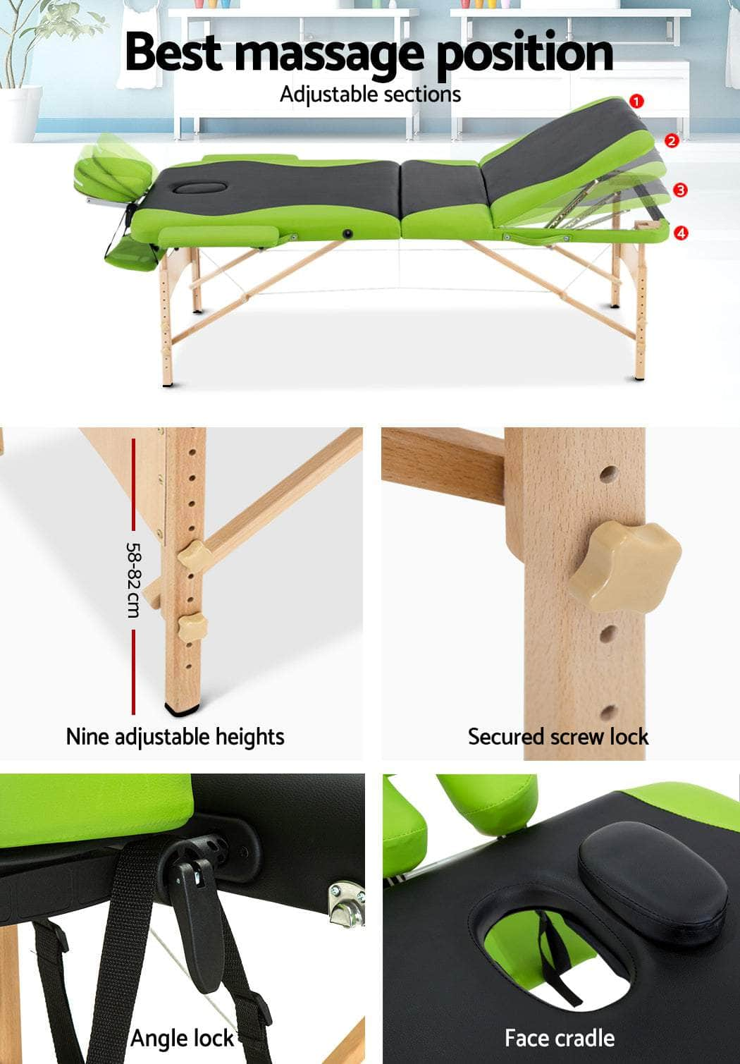 Massage Table 70Cm Portable 3 Fold Wooden Beauty Bed Green