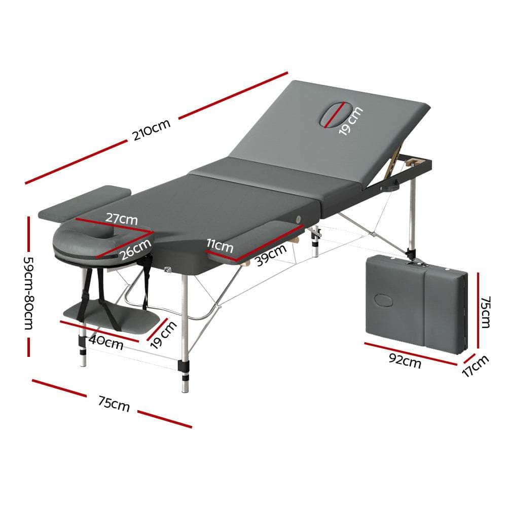 Massage Table 75Cm Portable 3 Fold Aluminium Beauty Bed Grey