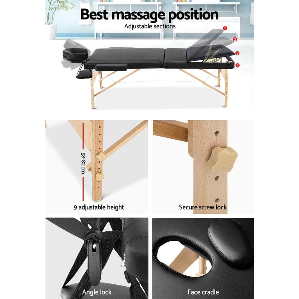 Massage Table 75Cm Portable 3 Fold Wooden Beauty Bed Black