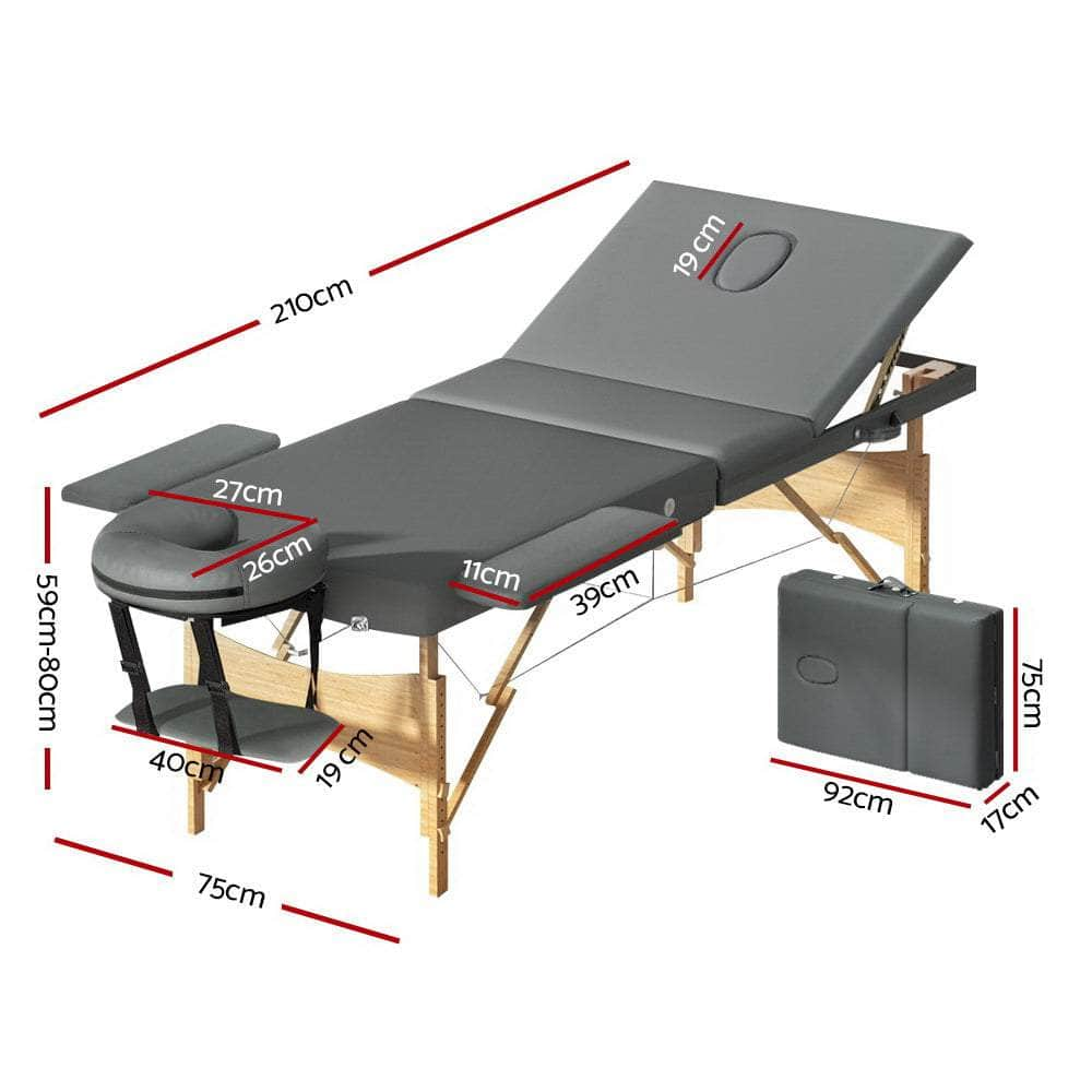 Massage Table 75Cm Portable 3 Fold Wooden Beauty Bed Grey