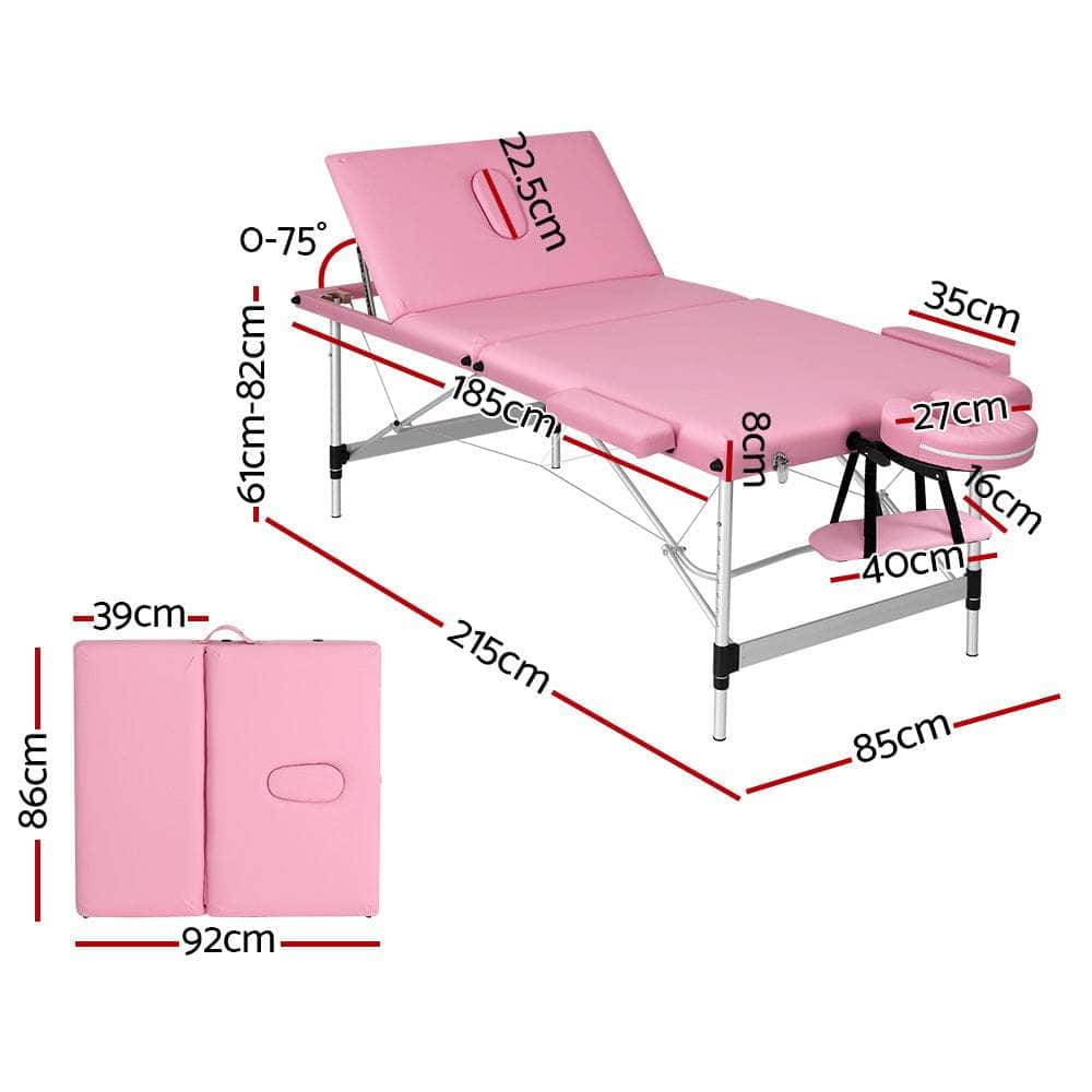 Massage Table 85Cm Portable 3 Fold Aluminium Beauty Bed Black