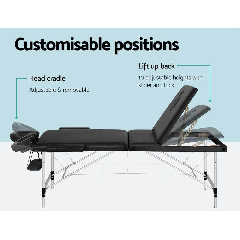 Massage Table 85Cm Portable 3 Fold Aluminium Beauty Bed Black