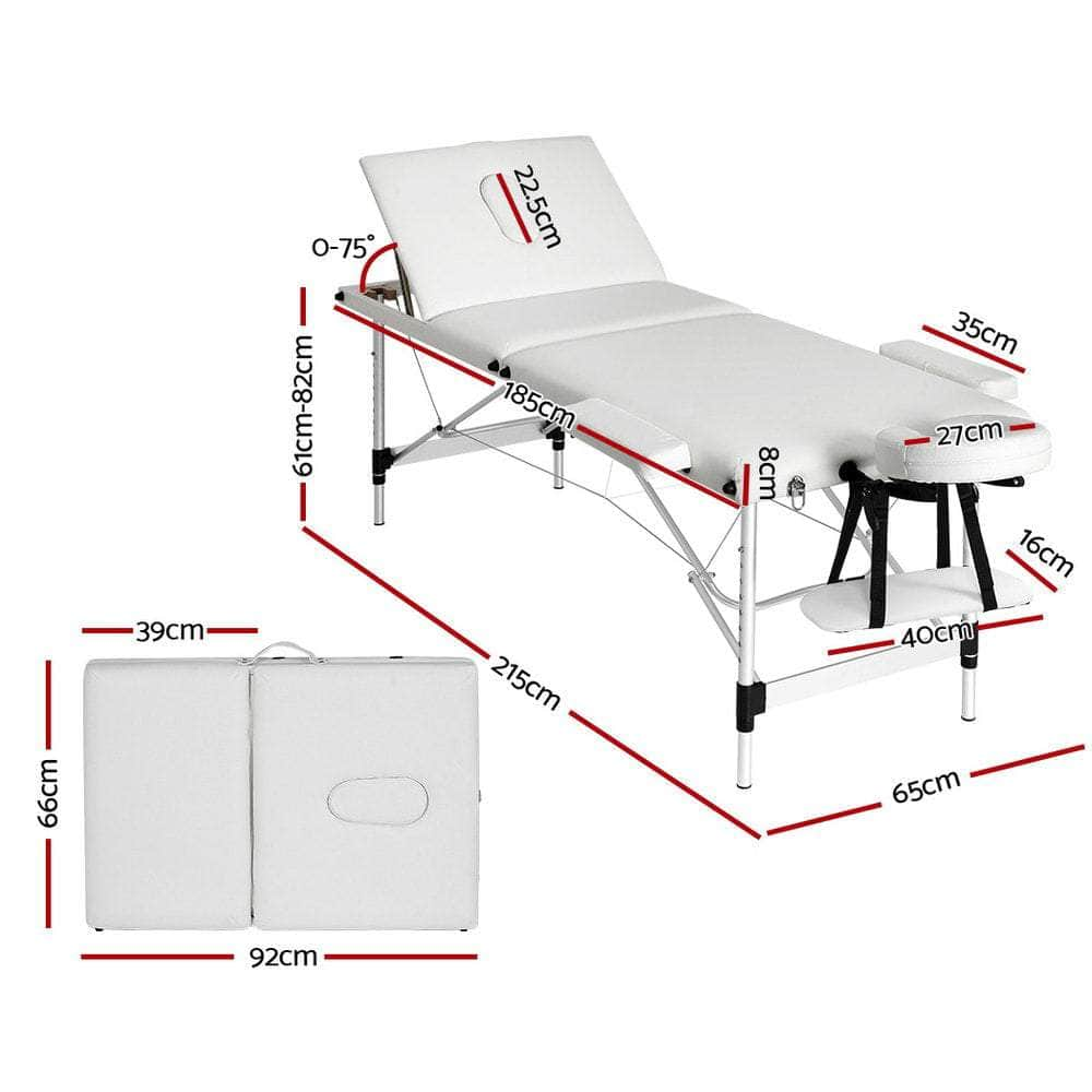 Massage Table 85Cm Portable 3 Fold Aluminium Beauty Bed Black