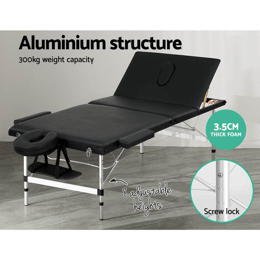 Massage Table 85Cm Portable 3 Fold Aluminium Beauty Bed Black