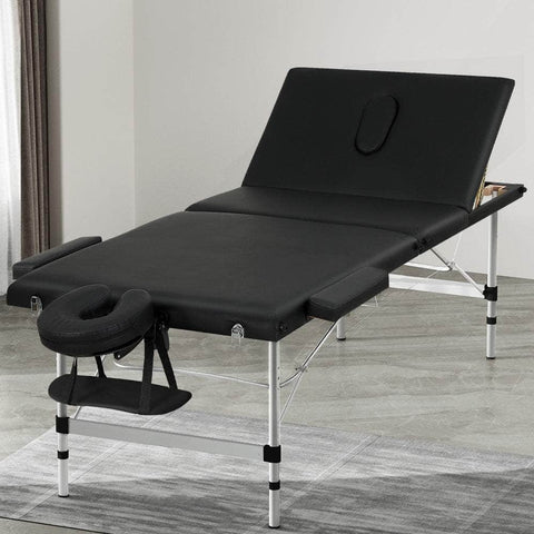 Massage Table 85Cm Portable 3 Fold Aluminium Beauty Bed Black