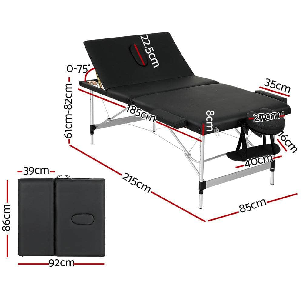 Massage Table 85Cm Portable 3 Fold Aluminium Beauty Bed Black