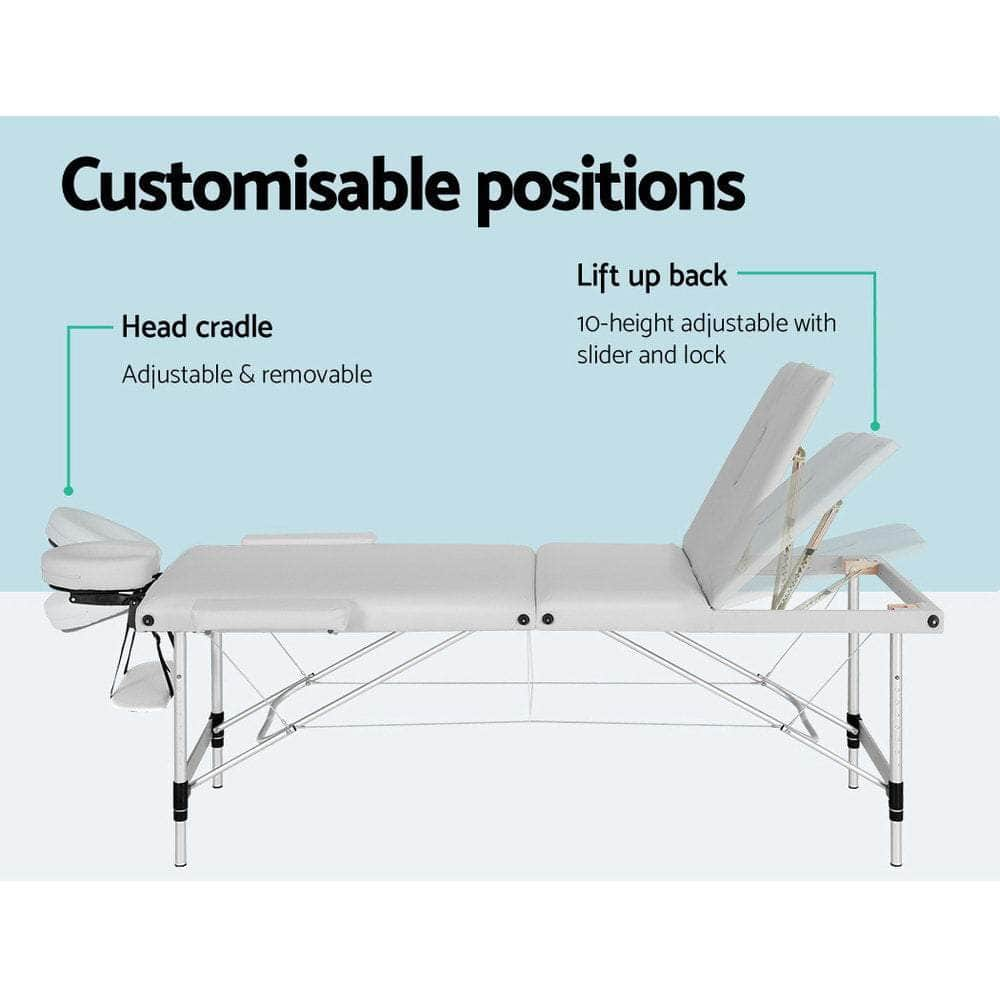 Massage Table 85Cm Portable 3 Fold Aluminium Beauty Bed Black