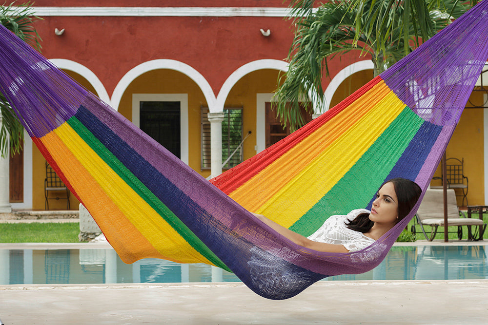 Mayan Legacy Queen Size Cotton Mexican Hammock in Rainbow Colour