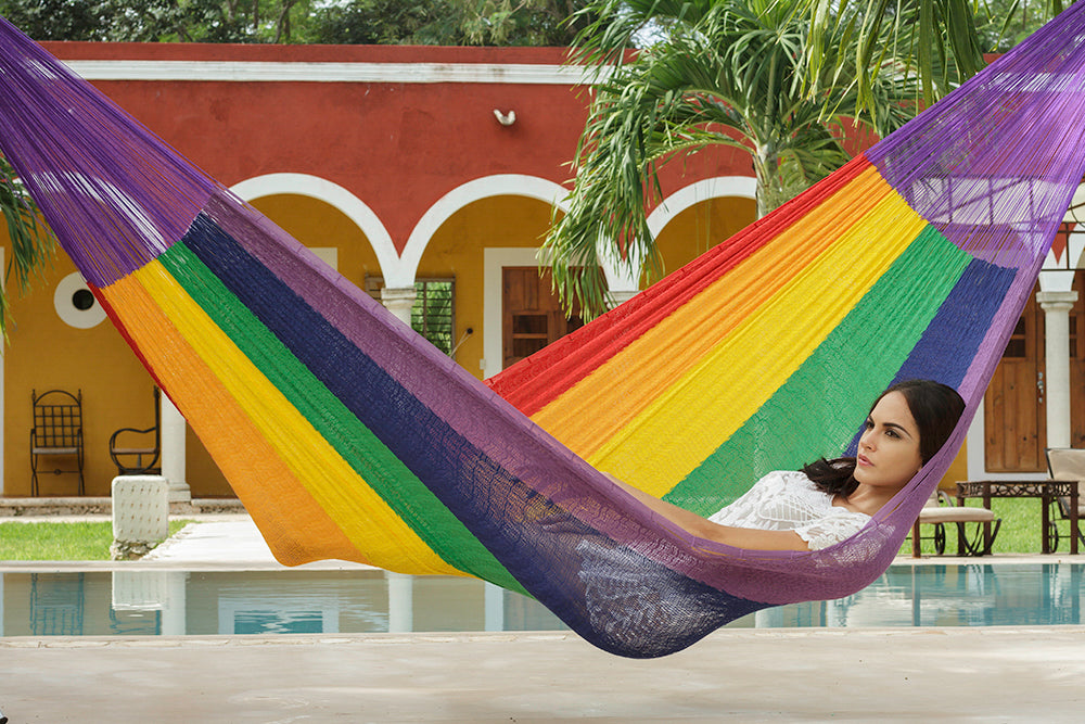 Mayan Legacy Queen Size Cotton Mexican Hammock in Rainbow Colour