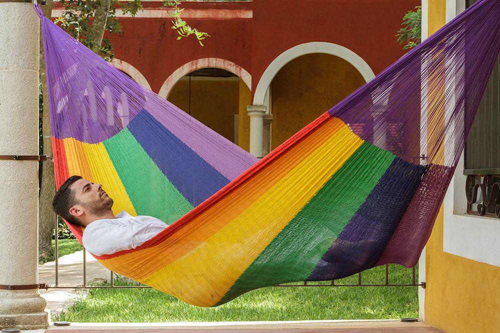 Mayan Legacy Queen Size Cotton Mexican Hammock in Rainbow Colour