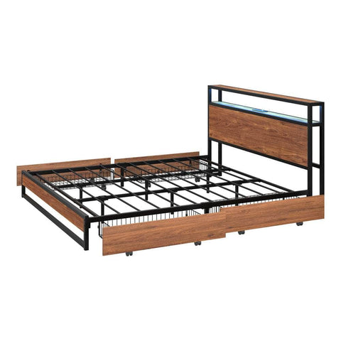 Metal Bed Frame King Queen Double LED Storage USB Charging & 4 Drawers