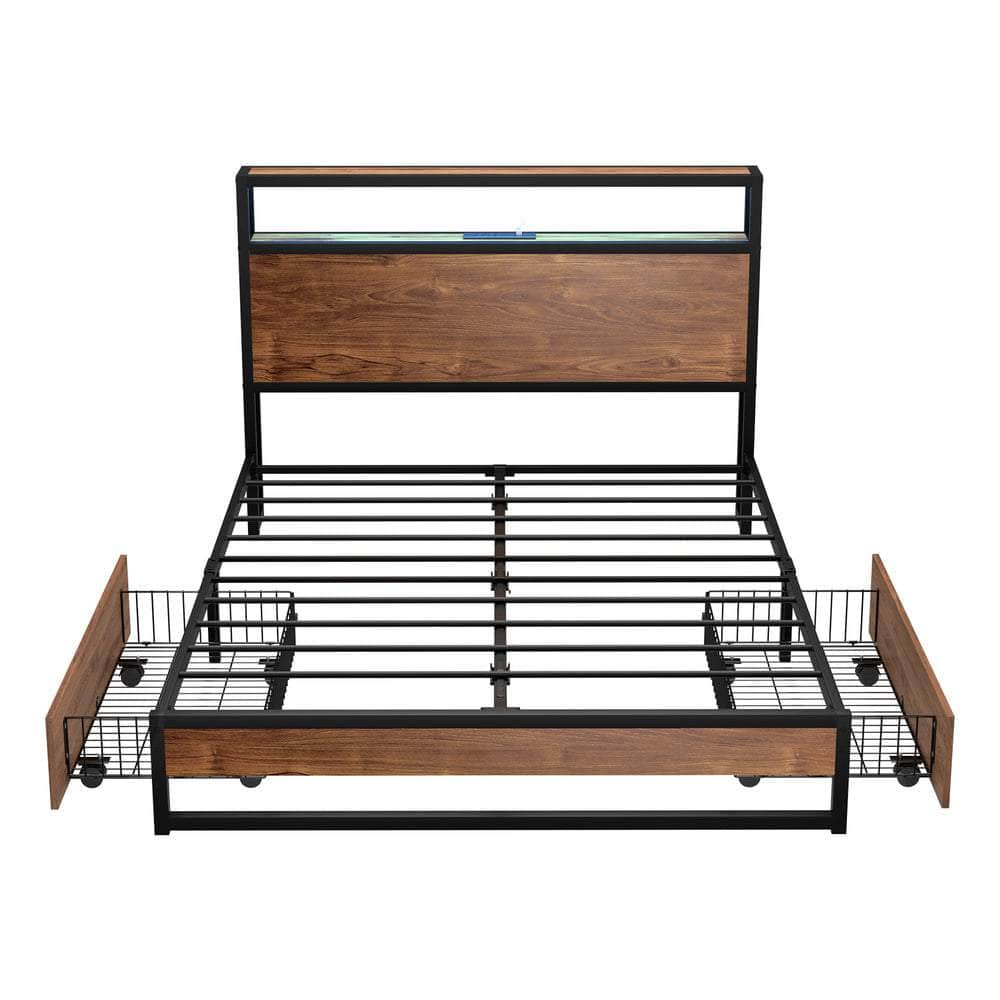 Metal Bed Frame King Queen Double LED Storage USB Charging & 4 Drawers