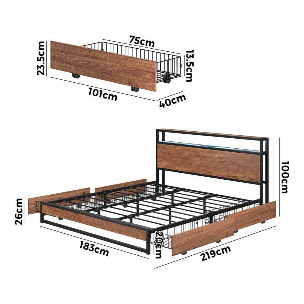 Metal Bed Frame King Queen Double LED Storage USB Charging & 4 Drawers