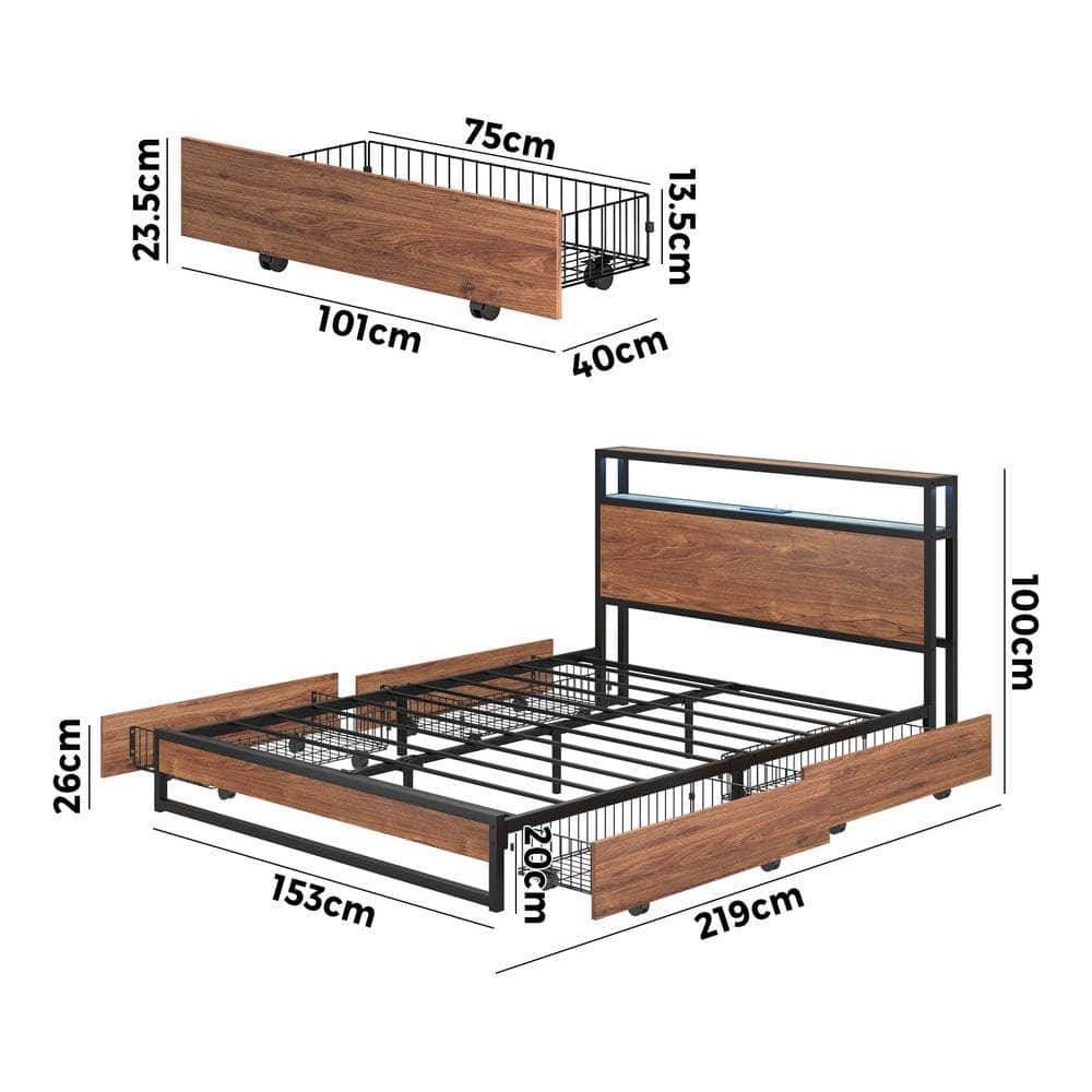 Metal Bed Frame King Queen Double LED Storage USB Charging & 4 Drawers