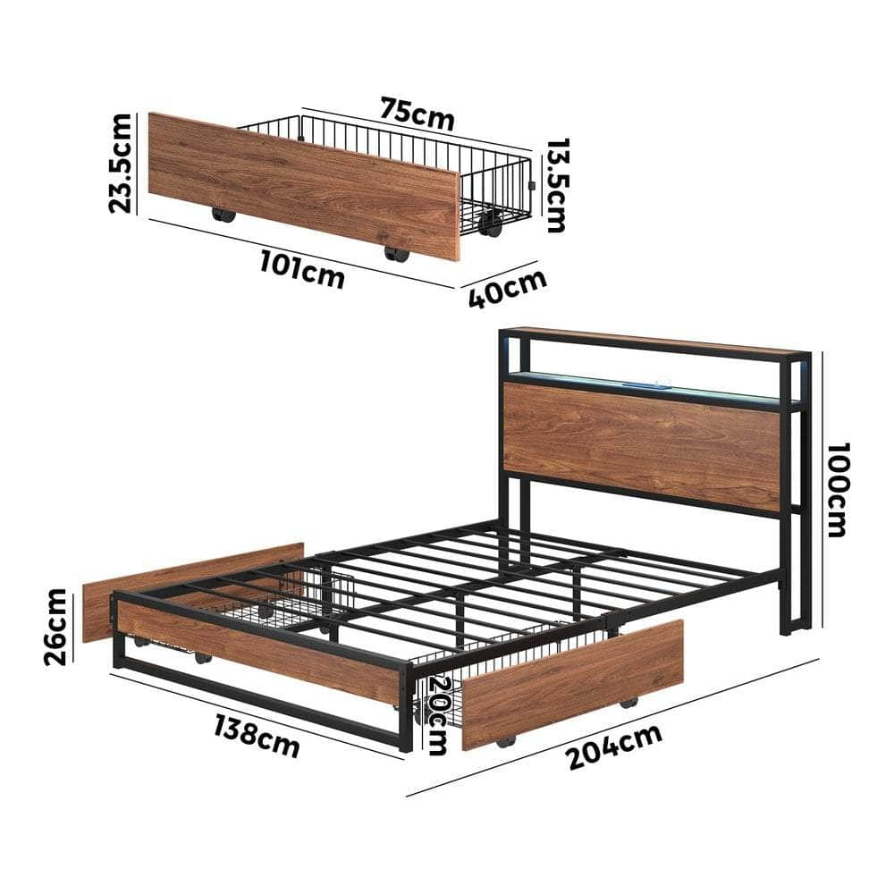 Metal Bed Frame King Queen Double LED Storage USB Charging & 4 Drawers