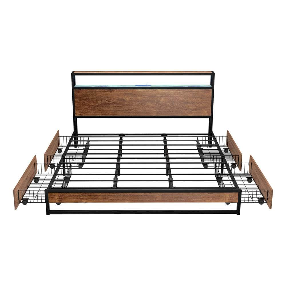 Metal Bed Frame King Queen Double LED Storage USB Charging & 4 Drawers