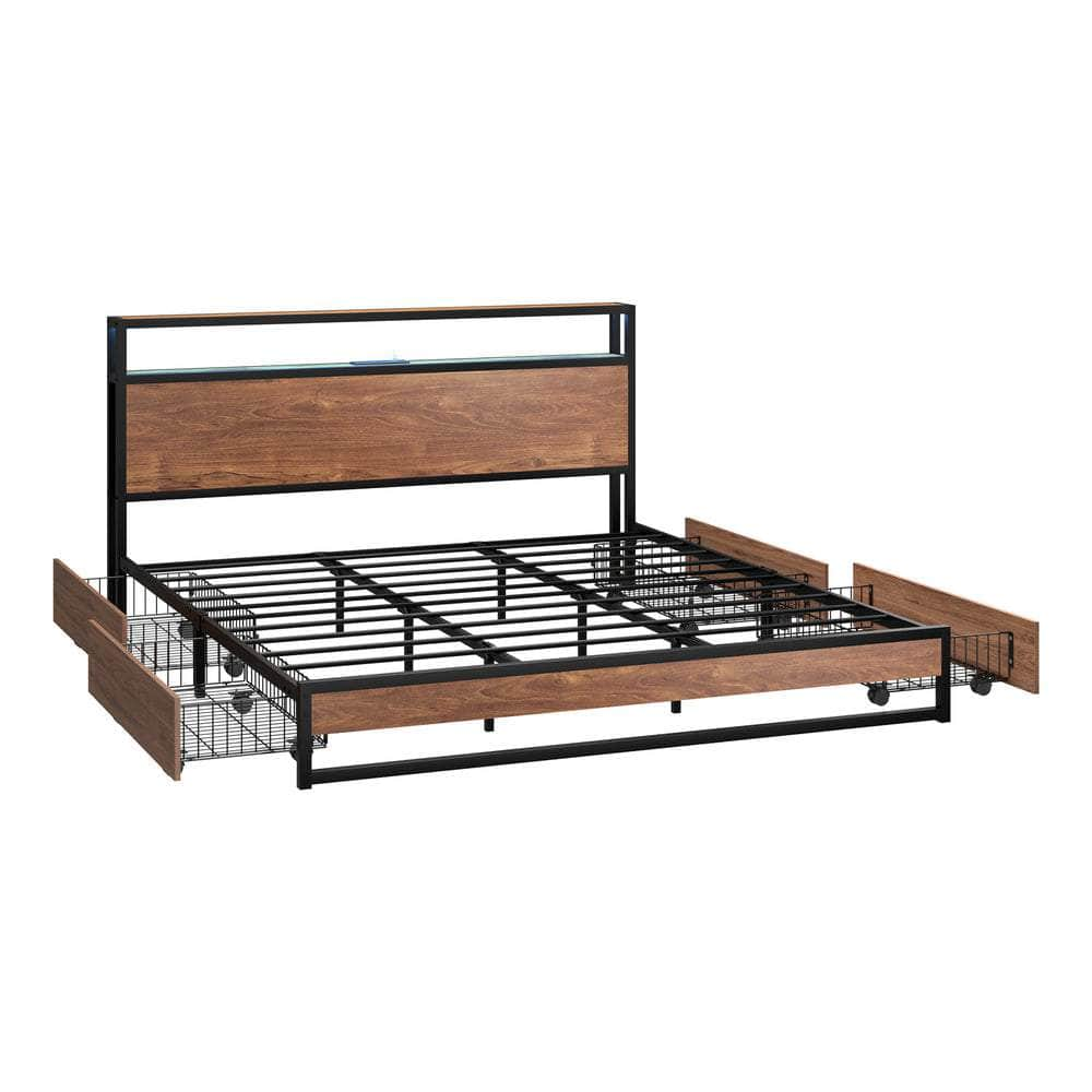 Metal Bed Frame King Queen Double LED Storage USB Charging & 4 Drawers