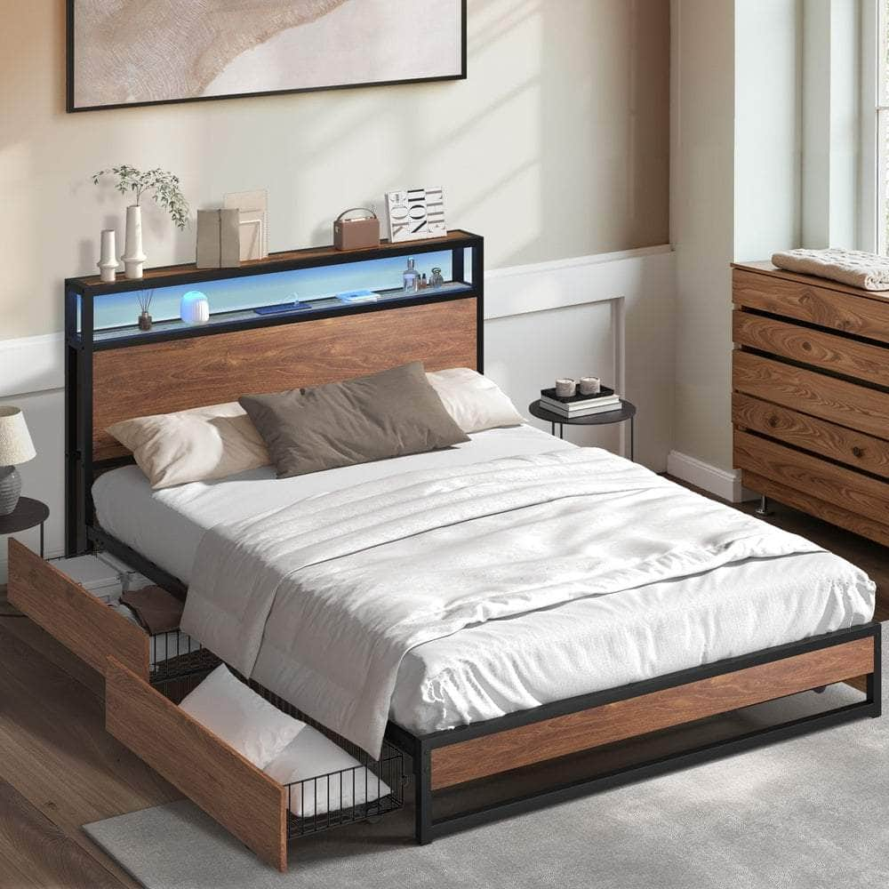 Metal Bed Frame King Queen Double LED Storage USB Charging & 4 Drawers