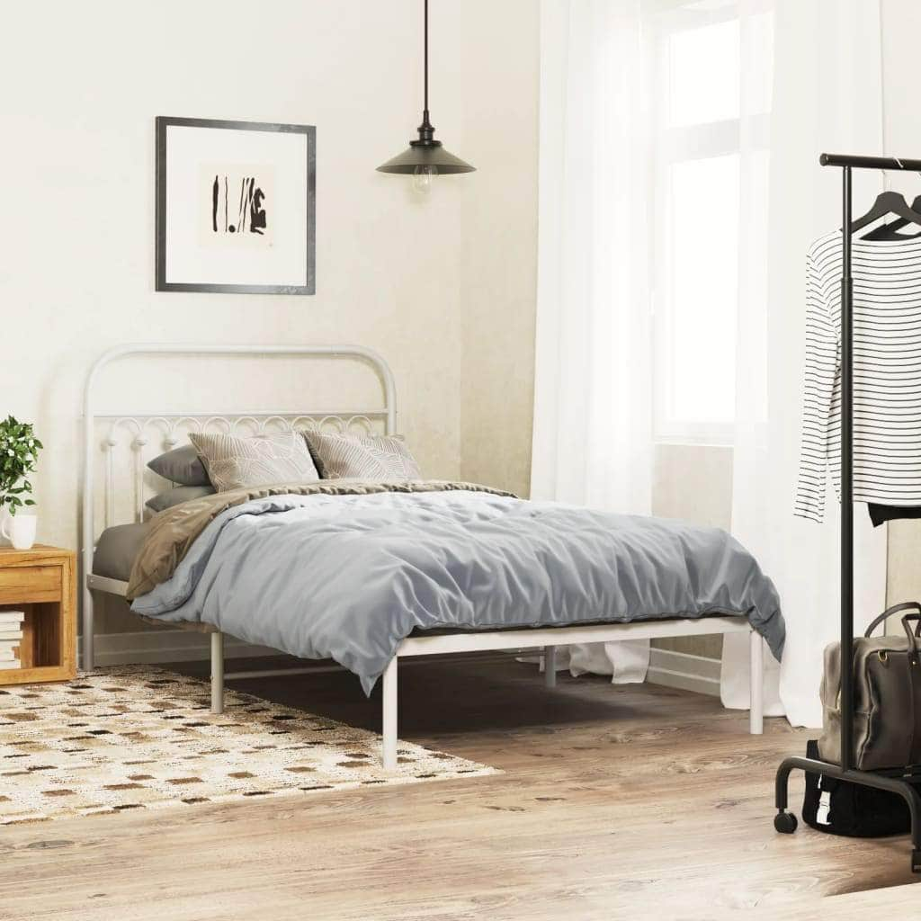 Metal Bed Frame with Headboard, King Single White\Black